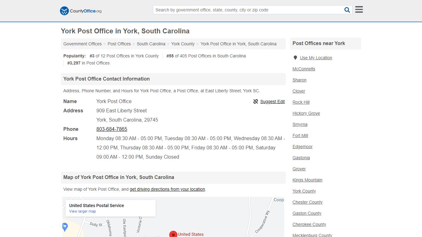 York Post Office - York, SC (Address, Phone, and Hours)