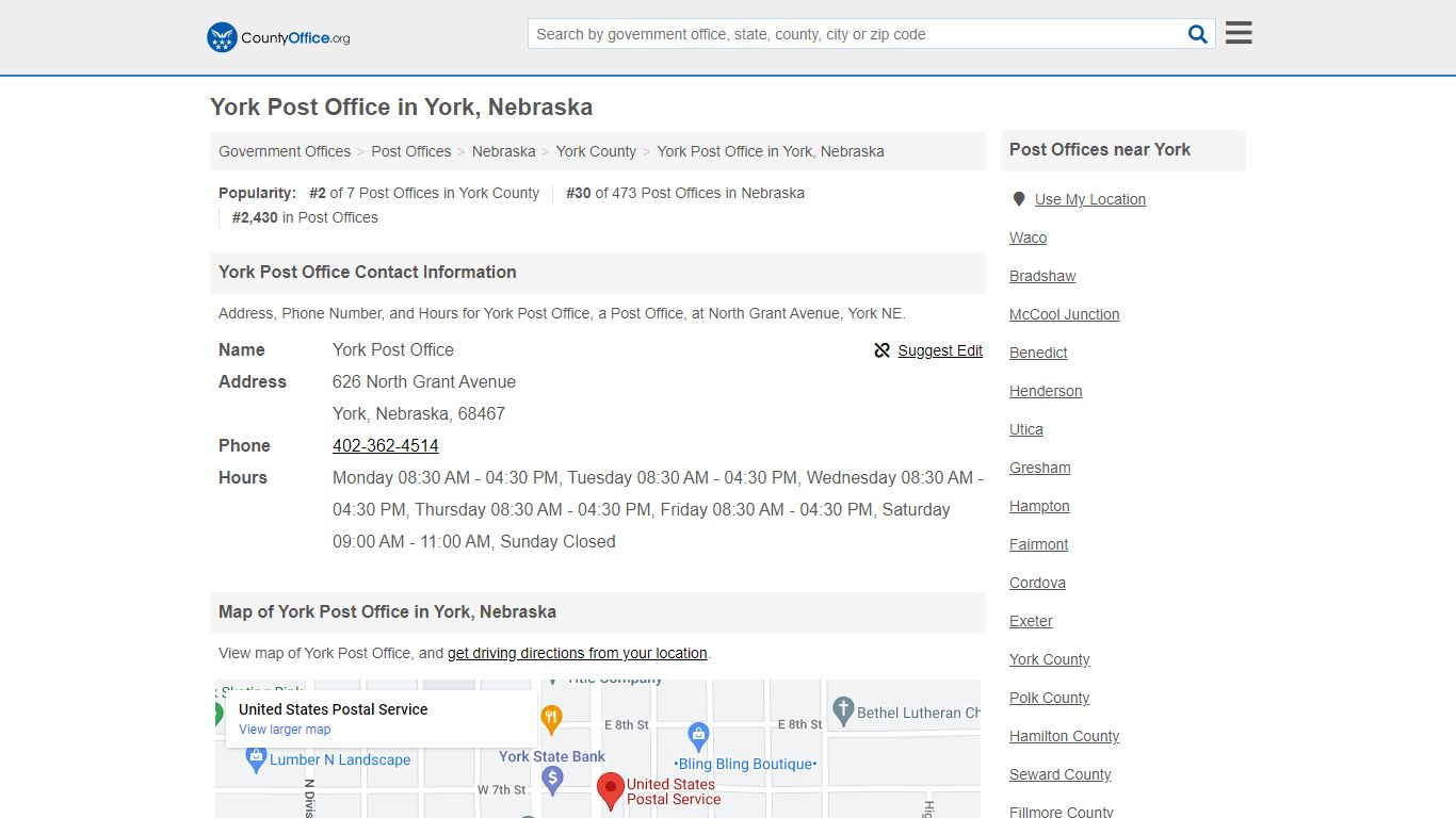 York Post Office - York, NE (Address, Phone, and Hours)